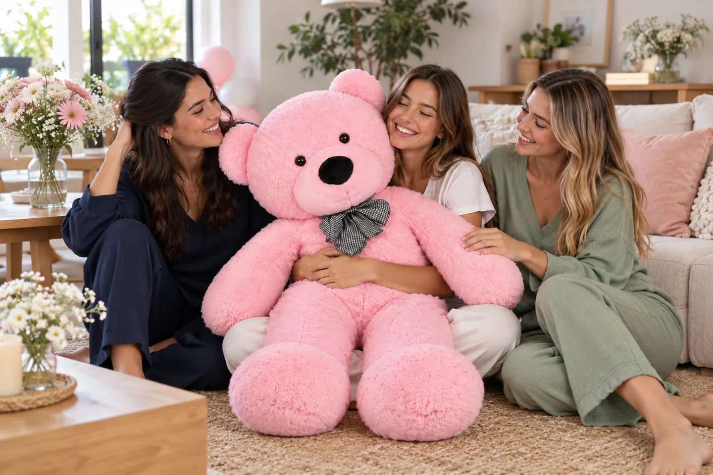 שלוש חברות עם דובי ורוד בחגיגה ביתית לקראת החתונה