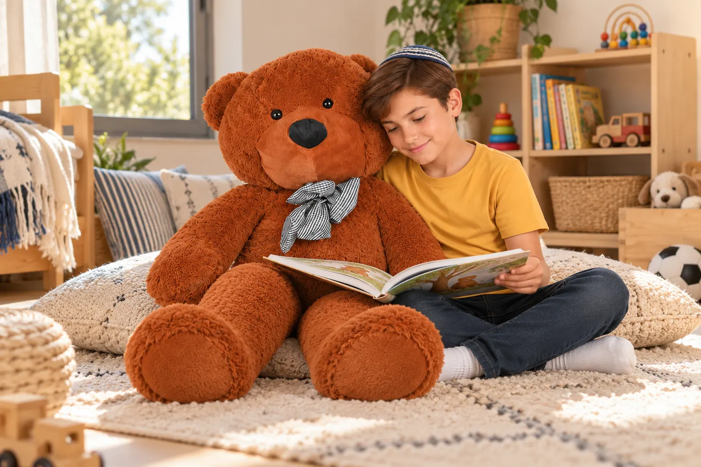 ילד עם כיפה קורא ספר לצד דובי חום בפינת קריאה בחדר ילדים
