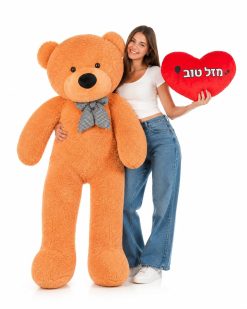 דובי ענק כתום בגובה מטר וחצי עם כרית לב עם הקדשה